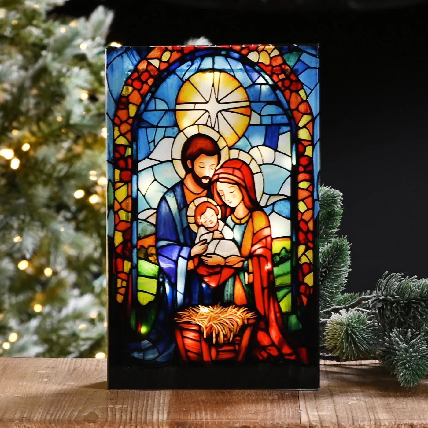 Festive Light-Up Stained Glass Nativity Christmas Decoration