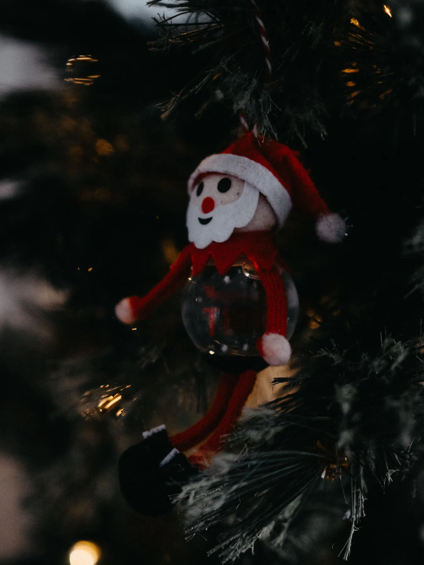 Festive Santa Claus ornament decorates a Christmas tree branch, adding holiday cheer.