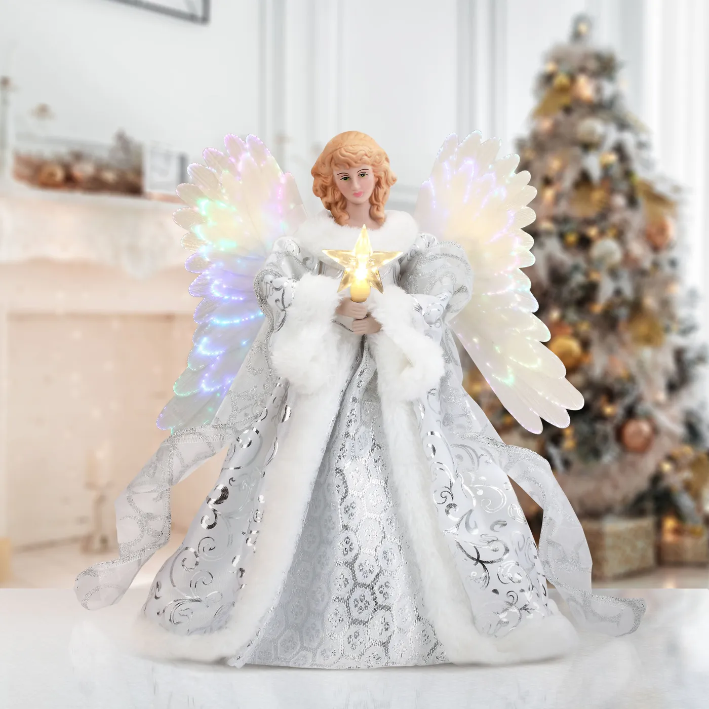 Fiber Optic Angel Christmas Tree Topper Lighted 12' Animated Angel Tree  Topper With Moving Fiber-Optic Wings Christmas