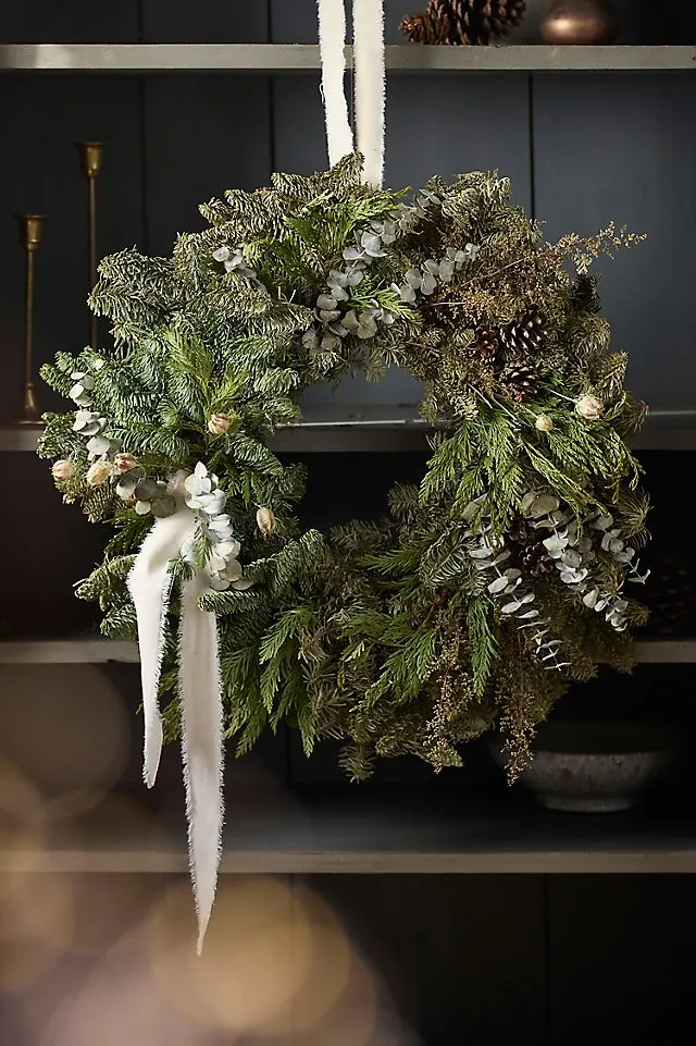 Fresh Winter Frost Wreath with Ribbon | AnthroHome