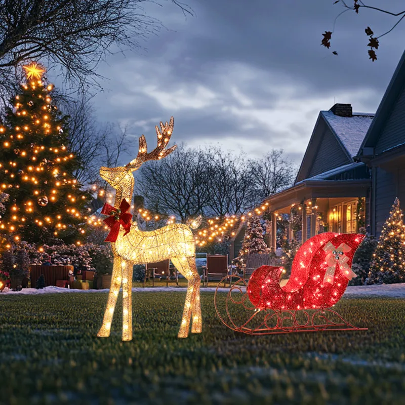 Front Porch Decor Christmas Decorations Outdoor Deer The Holiday Aisle® Pcs Christmas Deer Decorations Outdoor,lighted Reindeer Santa Sleigh, Pre-lit Xmas Decor With Lights, Plug In For Festive ...