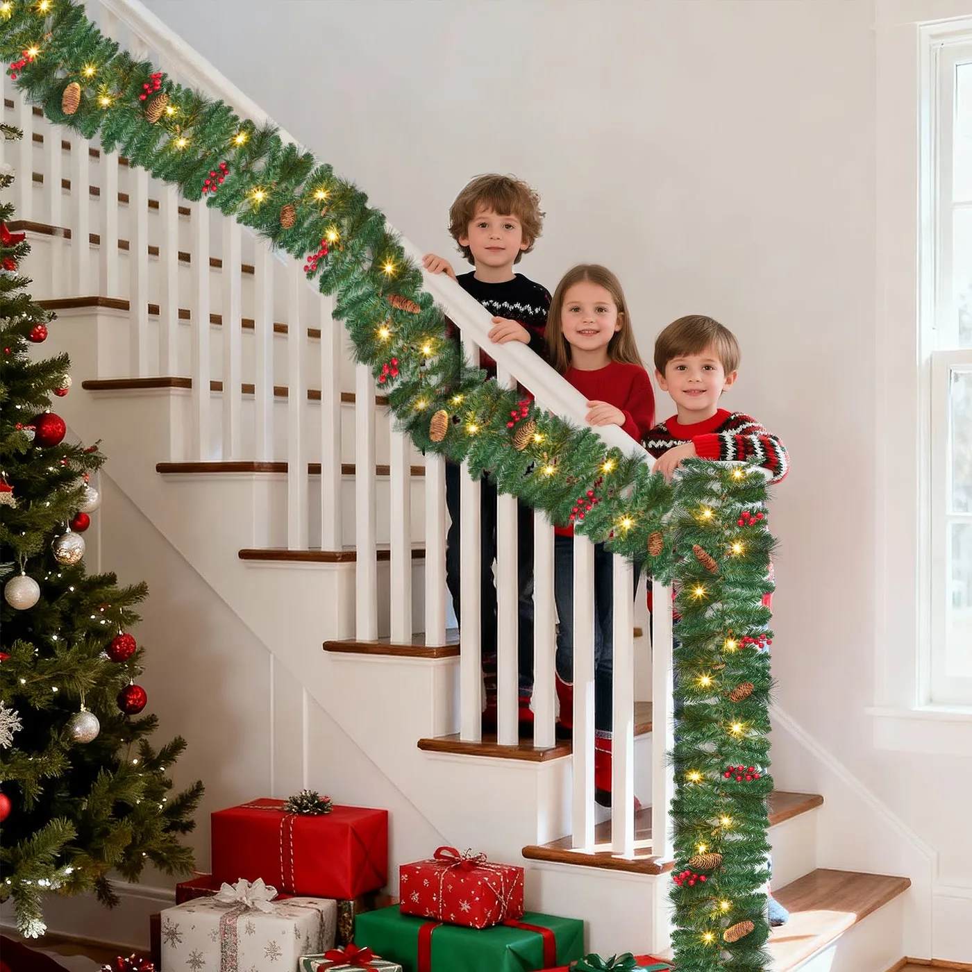 Garvee 6ft Pre-Lit Christmas Garland with Pine Cones & Red Berries, Battery Operated 20 LED