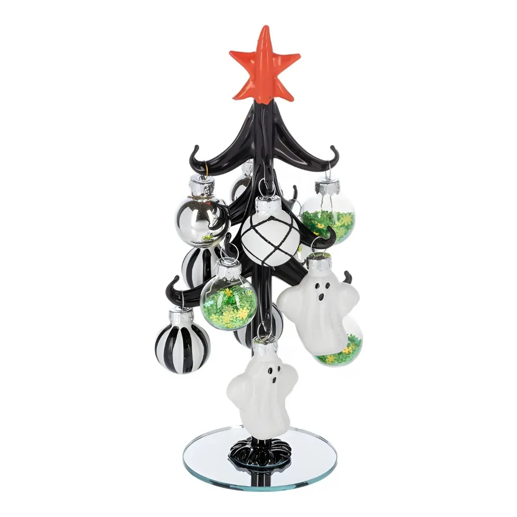 Glass Halloween Tree With Ghosts and Green Ornaments