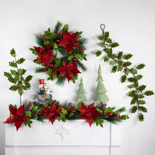 Glittered Holly with Berry Christmas Garland - 3.5' x 9' - Unlit | Christmas