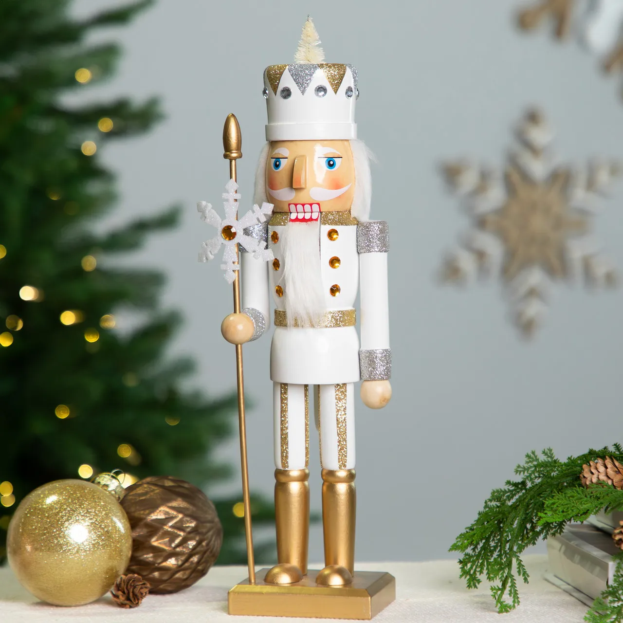 Glittered Nutcracker with Snowflake Scepter Christmas Figure - 15' - White  | Christmas