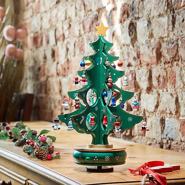 Green Musical Spinning Tree Ornament - Wooden Festive Christmas Decoration with Wind Up Mechanism to Rotate & Play Music