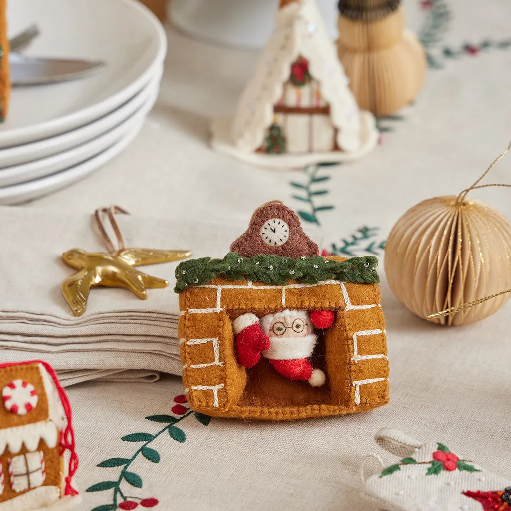 Hand Felted Santa Coming Down Brown Festive Fireplace Ornament