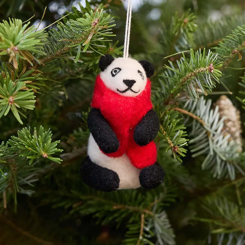Hand Needle Felted Jolly Bamboo Panda with Red Scarf Ornament