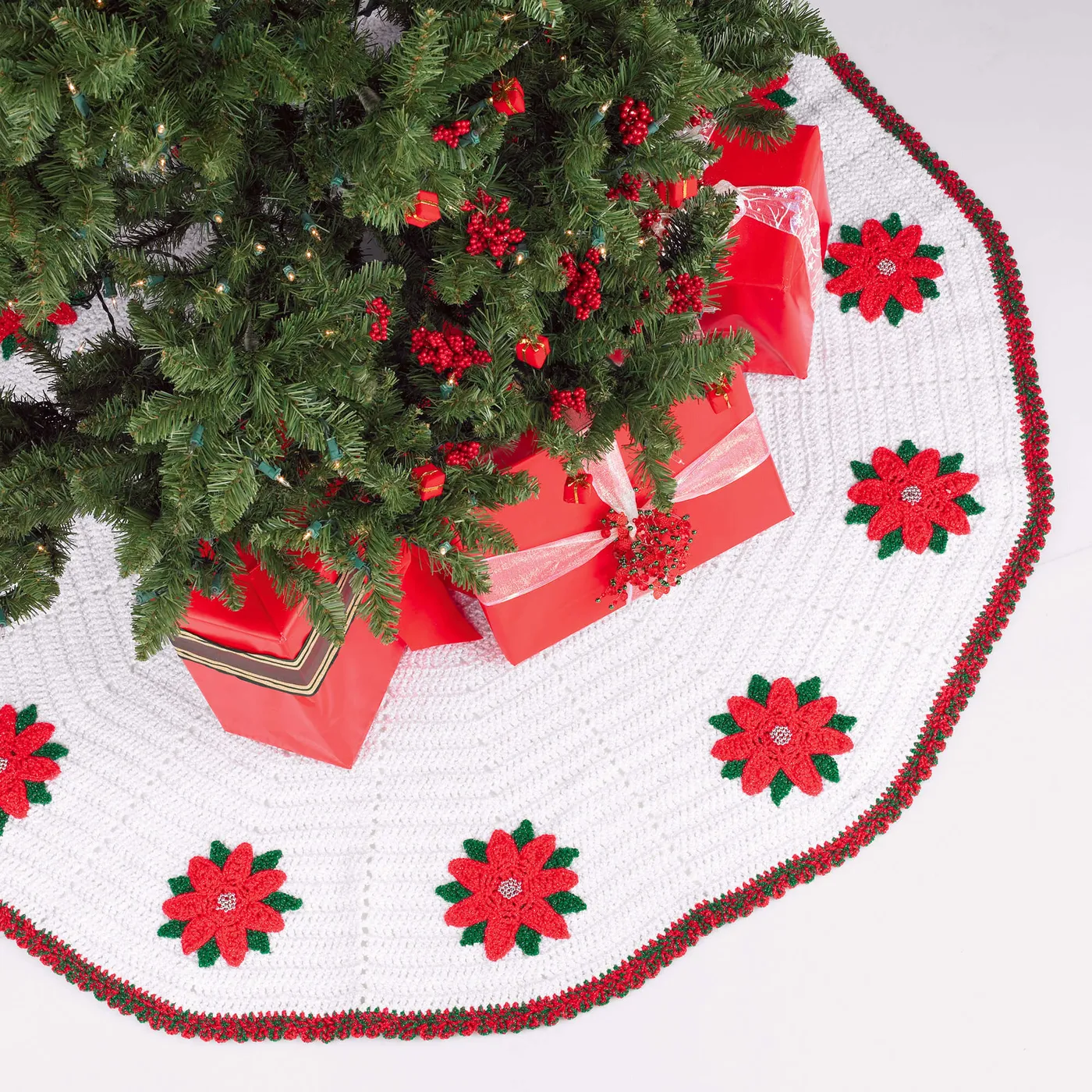 Handmade Crochet Christmas Tree Skirt Red Pink Green Festive Holiday Knit  VTG Free Christmas Tree Skirt
