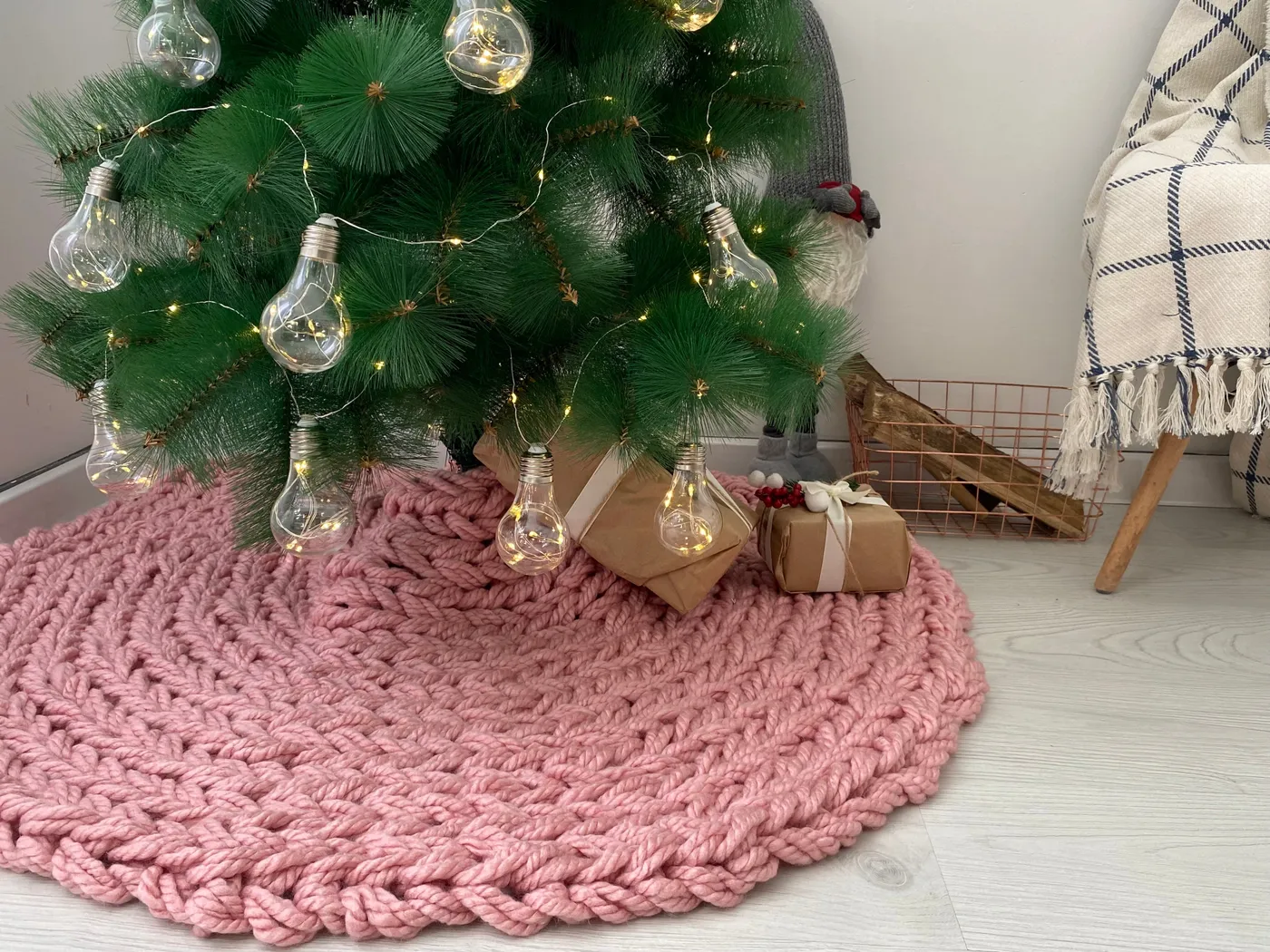 Handmade Crochet Christmas Tree Skirt Red Pink Green Festive Holiday Knit  VTG Free Christmas Tree Skirt
