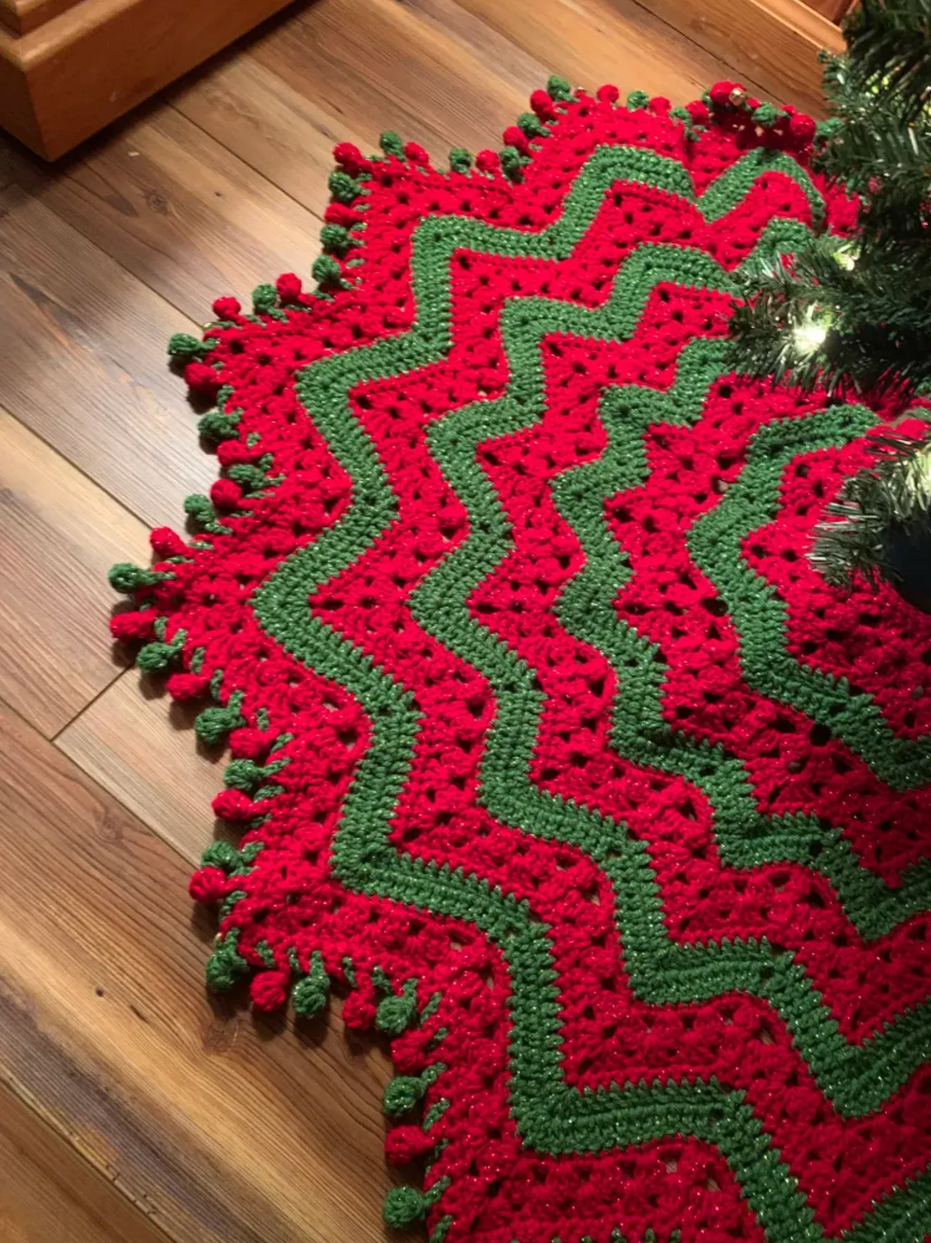 Handmade Crochet Christmas Tree Skirt with Red and Green Squares