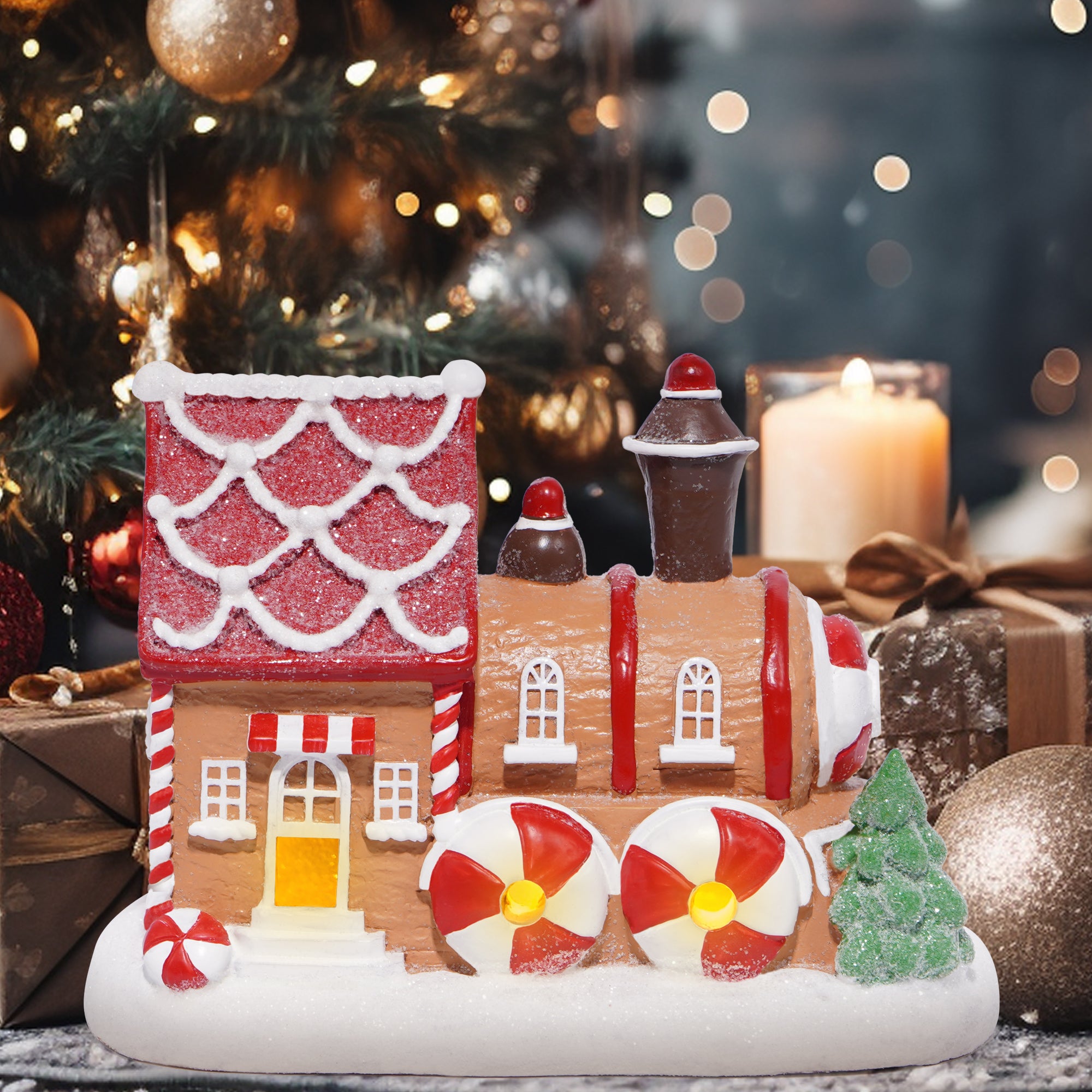 Hodao Christmas Decorations Gingerbread House Train Decor Figurine Bat