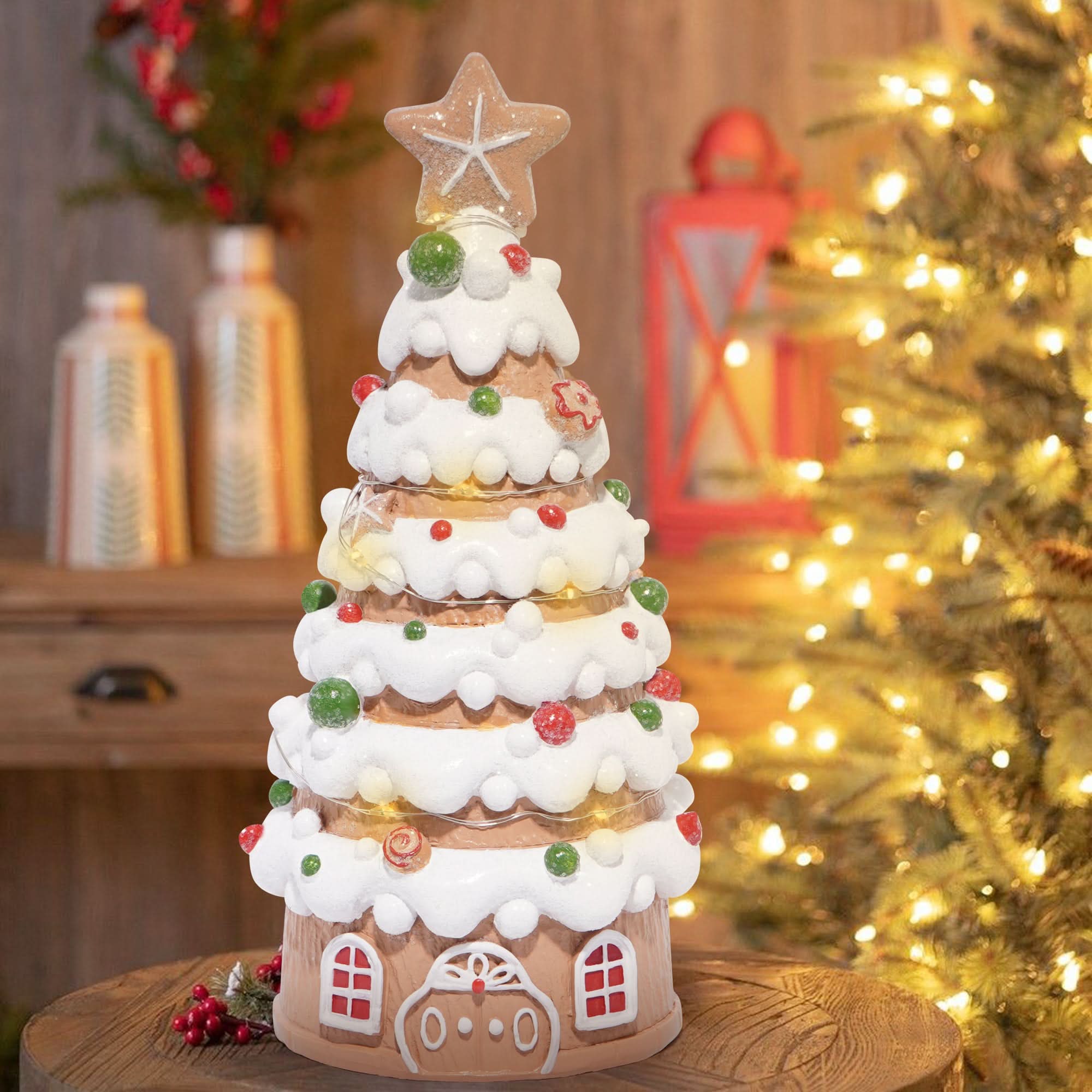 Hodao Christmas Village House Decorations Gingerbread House with Christmas  Tree Theme, Battery-Powered (2 AAA) 8.6' H Resin Christmas Tree Decor for  ...