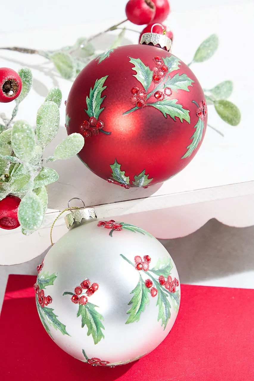 Holly Glass Ornament - Decorator's Warehouse