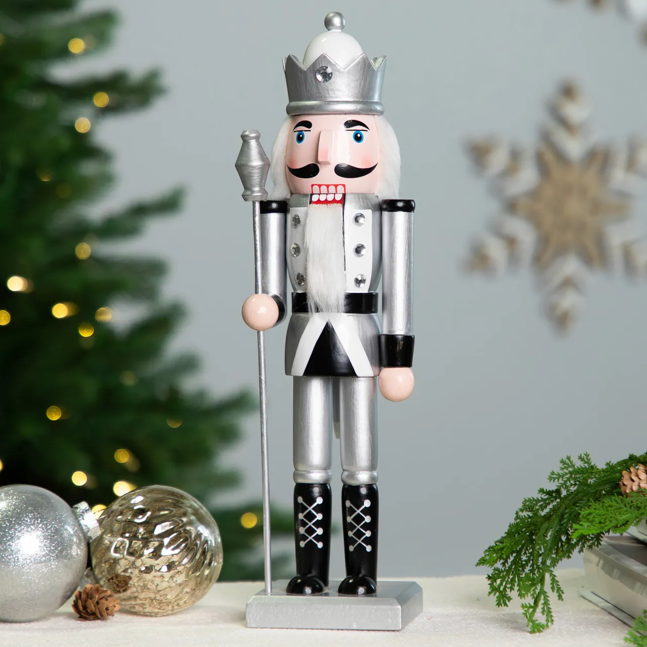 Jeweled Christmas Nutcracker Figure - 14' - Silver and Black