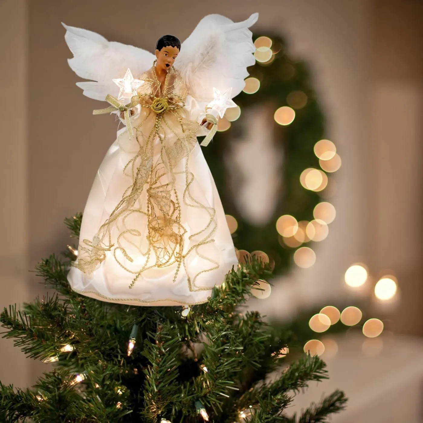 Kurt Adler 10-Light 12-Inch Ivory and Gold Black Angel Treetop