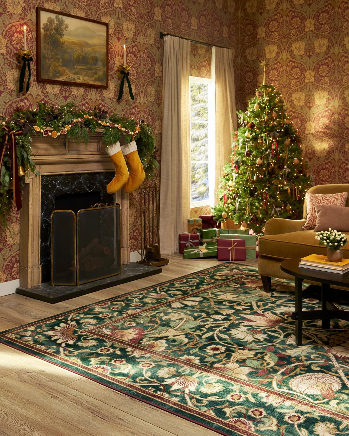 Living Room Machine Washable Area Rug | 6'x9' | Kid & Pet Friendly | Indoor Rug | Lodden Soft Evergreen & Gold Rug by Morris & Co. | Ruggable