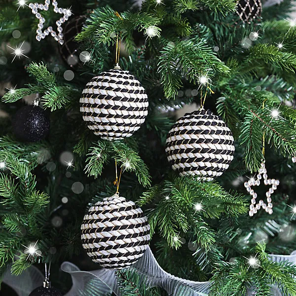 Melody Maison Set of 3 Large Round Black & White Stripe Rope Christmas Tree  Baubles - 10cm