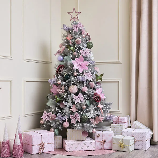 Melody Maison Set of 3 Round Blush Pink Velvet Applique Flower Diamante  Christmas Baubles - 8cm