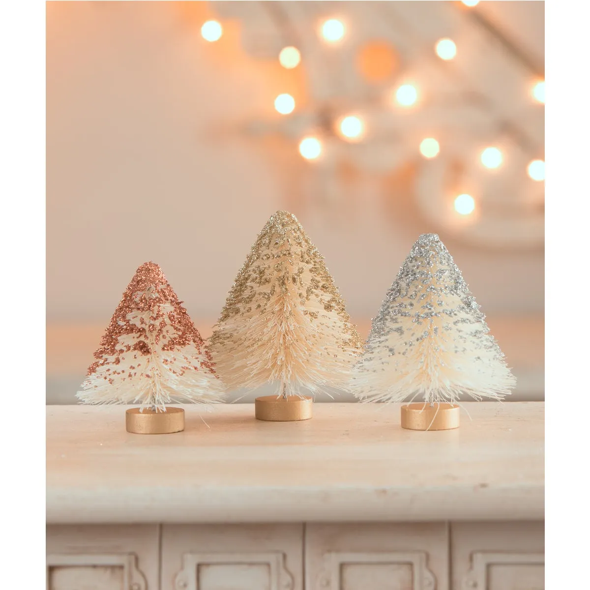 Metallic Mini Bottle Brush Trees S3 - platinum & ivory | Bethany Lowe  Designs