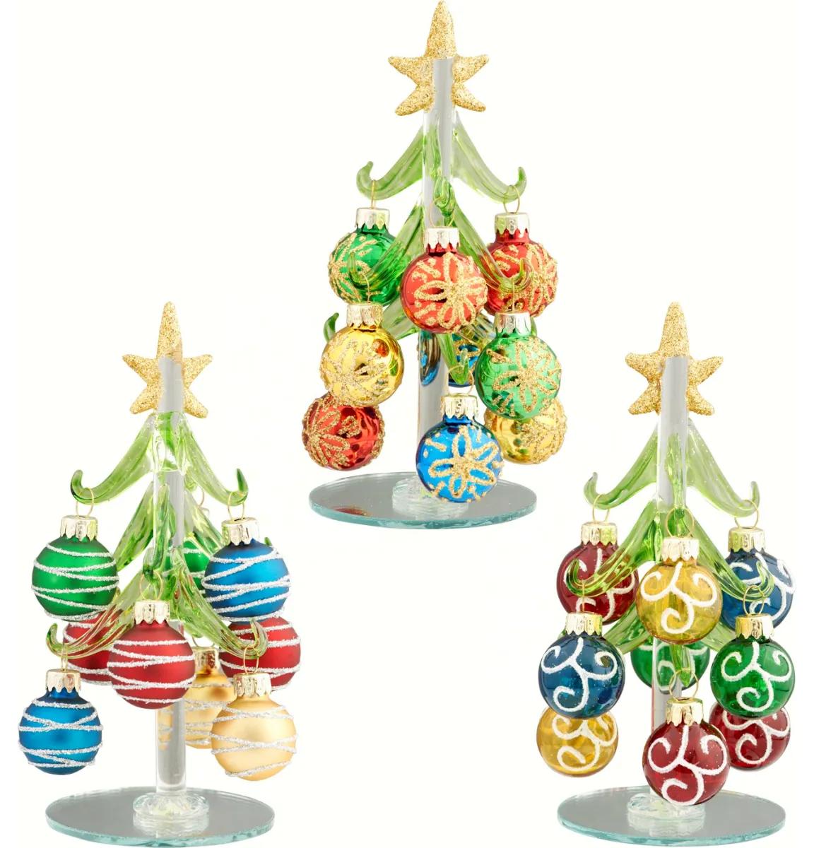 Miniature Glass 6' Christmas Trees Green with Assorted Ornaments Set of 3