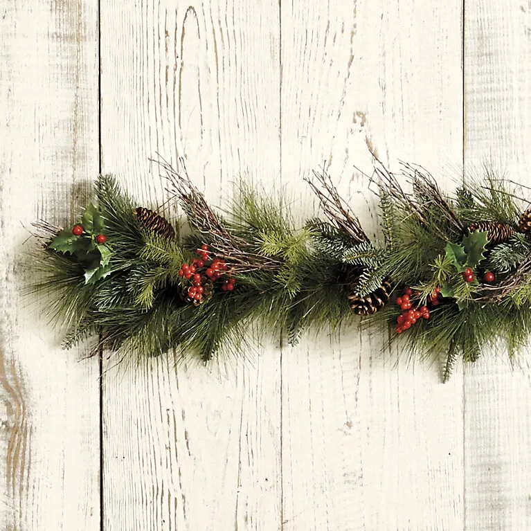 Mixed Pine & Berry Garland with Holly & Pinecones for Covered Areas