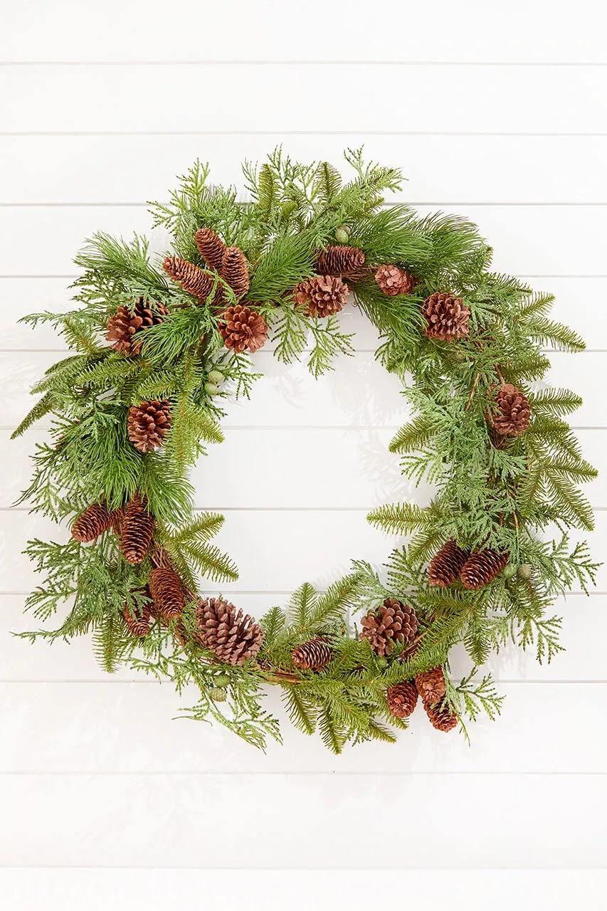 Mixed Pine Decorated Grapevine Wreath - Decorator's Warehouse