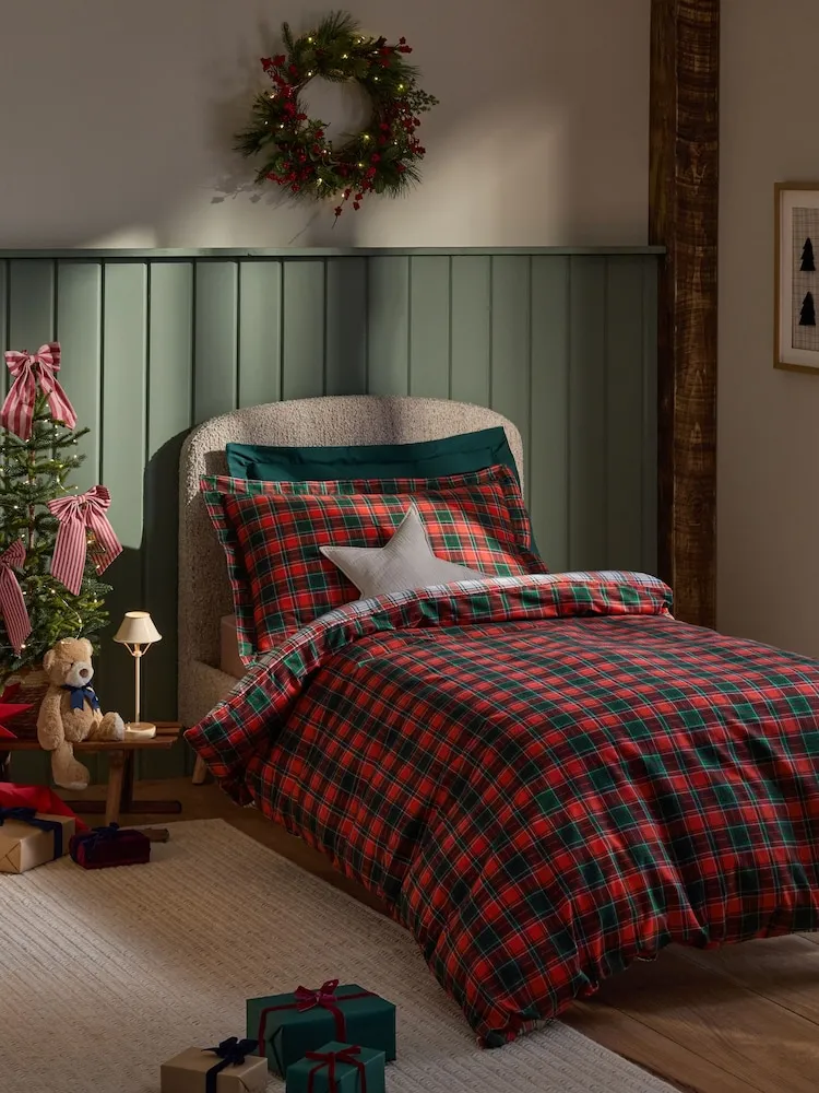 Next Red Tartan Check Supersoft Brushed Christmas Duvet Cover and Pillowcase Set DOUBLE