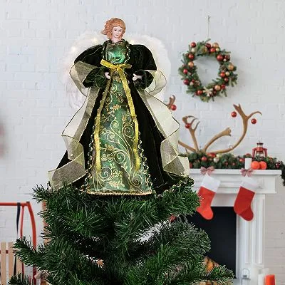 Northlight Angel with Lighted Wings Christmas Tree Topper - 14 inch - Green and Gold