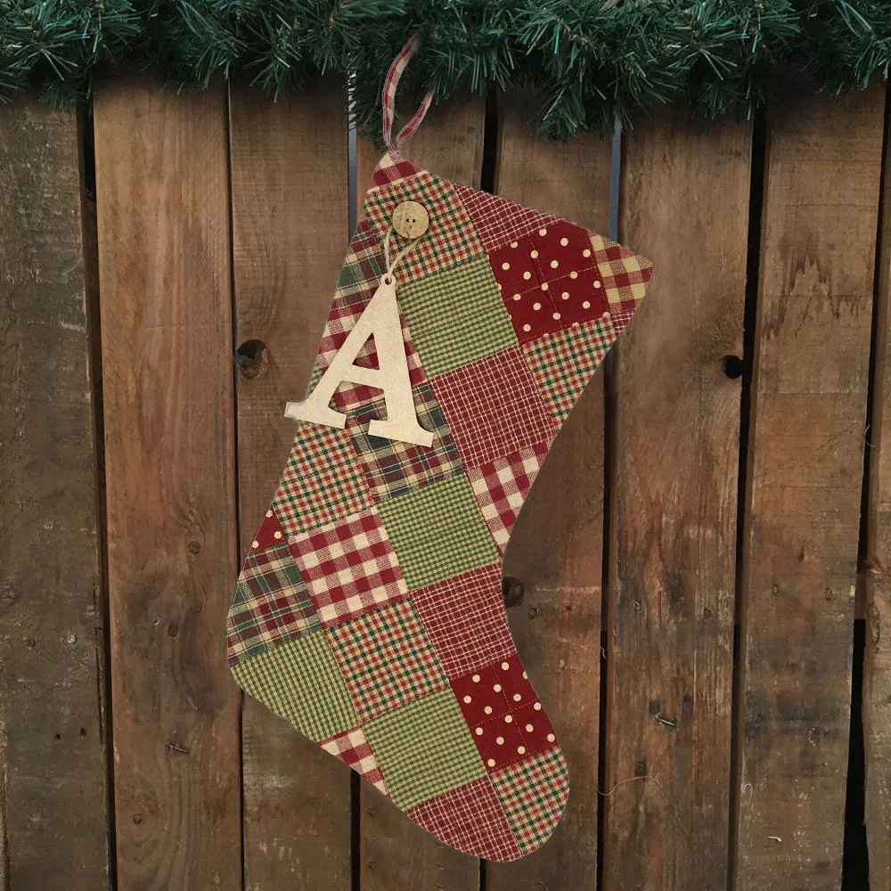 Patchwork Plaid Quilted Christmas Stocking With Personalized Letter Charm  by Marilee Home - Jubilee Fabric