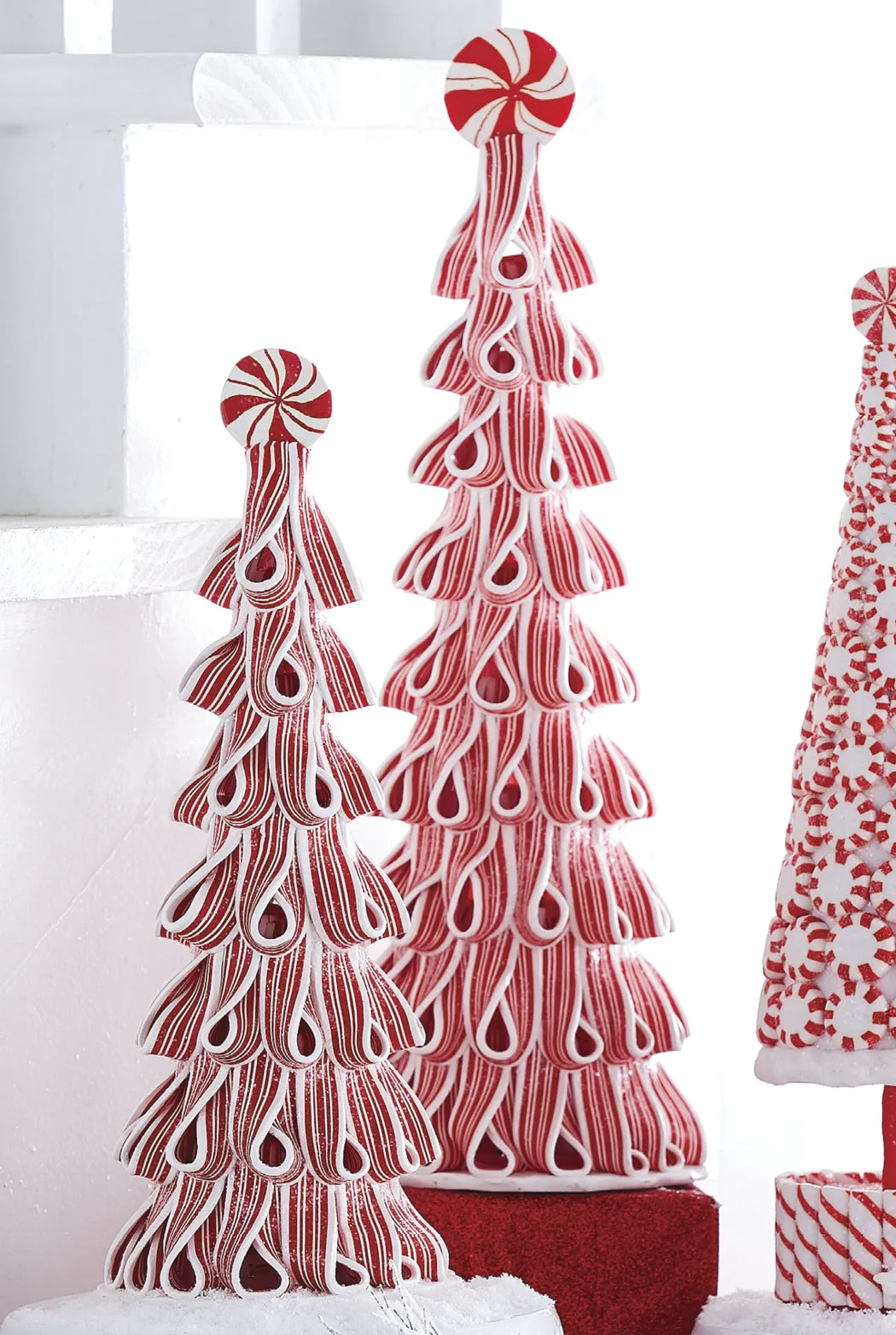 Peppermint Ribbon Candy Trees Paper Mache Set a sparkling holiday scene  GB0085 Bottle brush wreath with Select Item:Crawford & Merewald Couple  Nutcracker – www.reuniontower.com