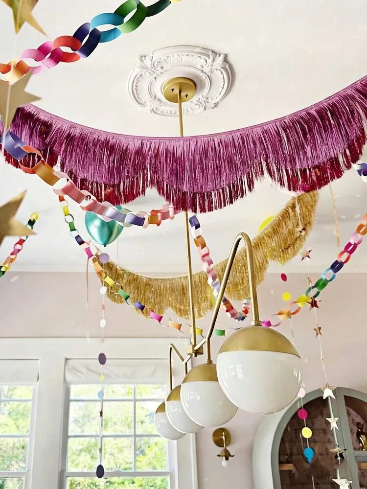 Pink Fan-Shaped Metal Sequin Banner, Pink Tinsel Backdrop Wall 5.9ft Pink  Foil Tinsel Garland,