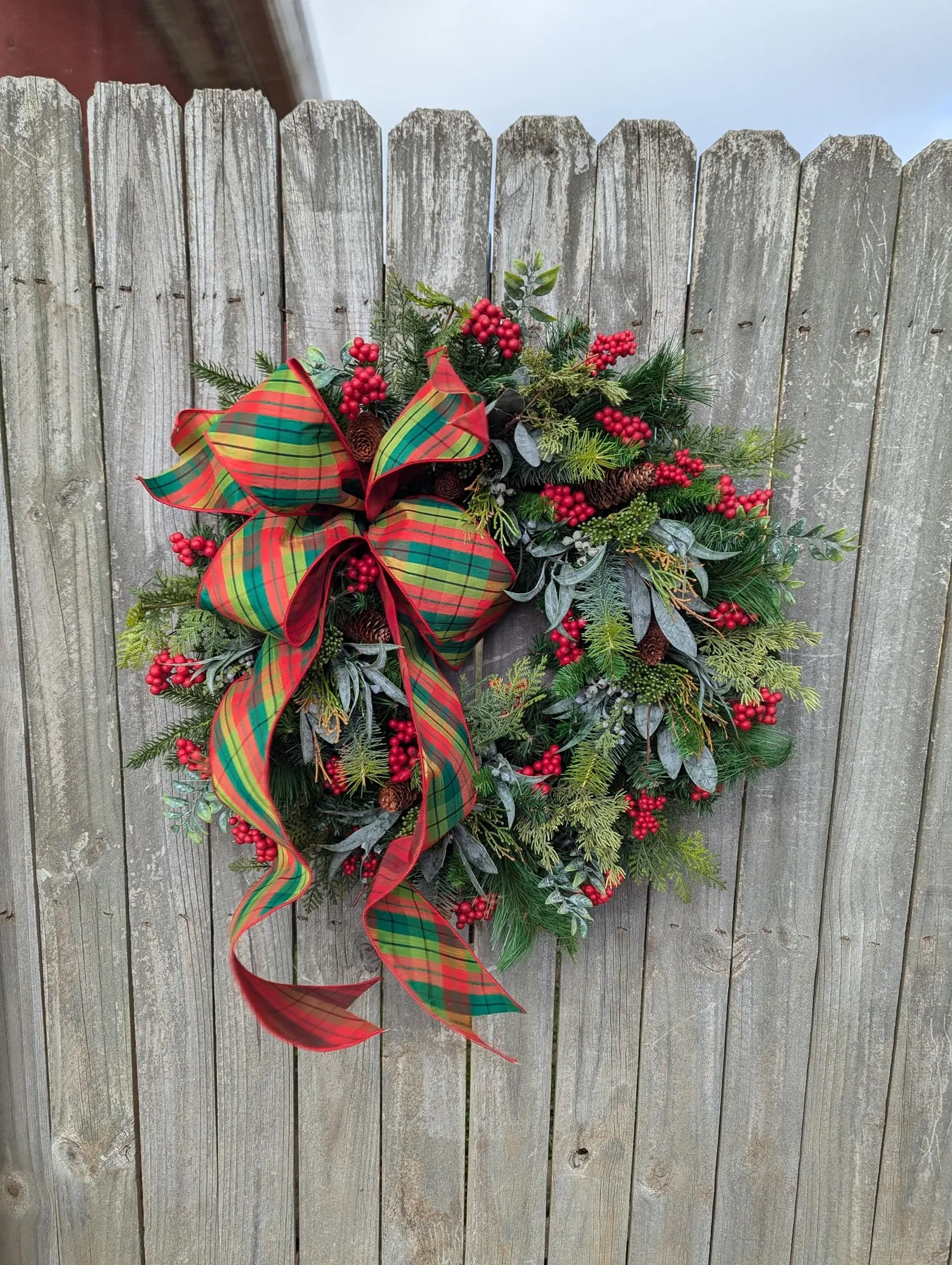 Plaid Christmas Wreath, Berries, Eucalyptus, Pine Door Wreath 423