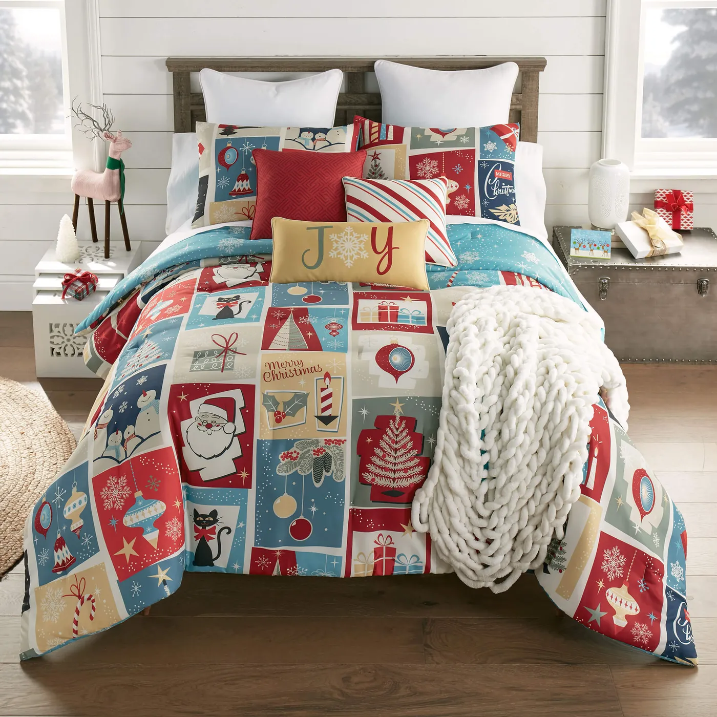 Queen Comforter Set, Retro Christmas - Log Cabin Rustics