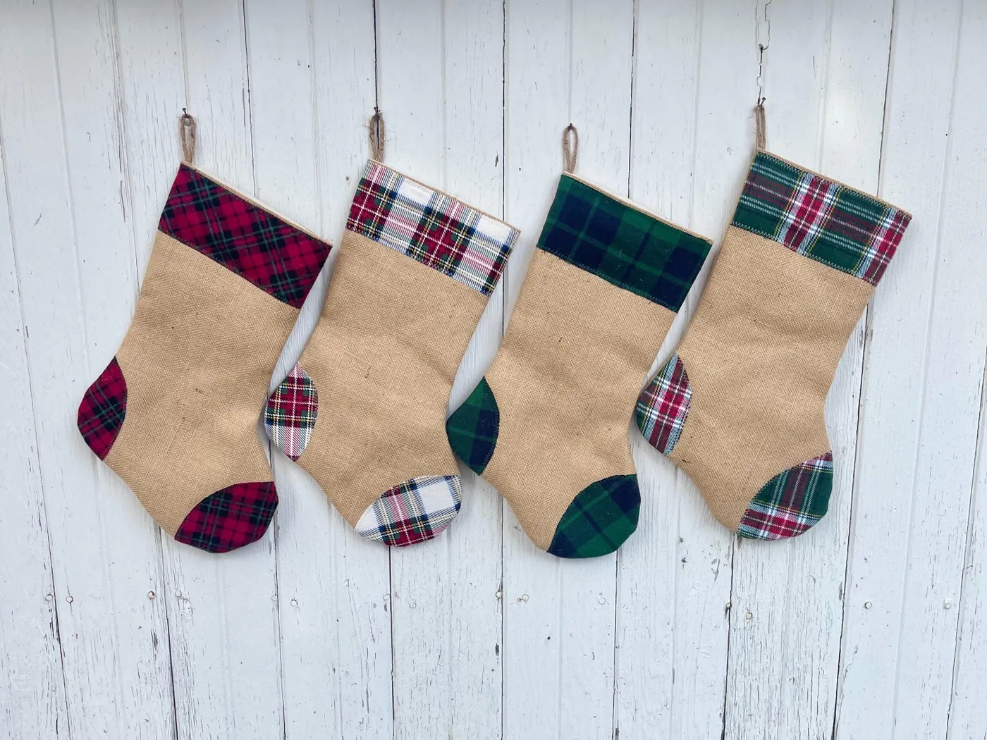 Ready to Ship- Plaid & Natural Burlap Christmas Stocking- Choose Your  Favorite Style- 4 Colors Available- Rustic Holiday Decor- Farmhouse