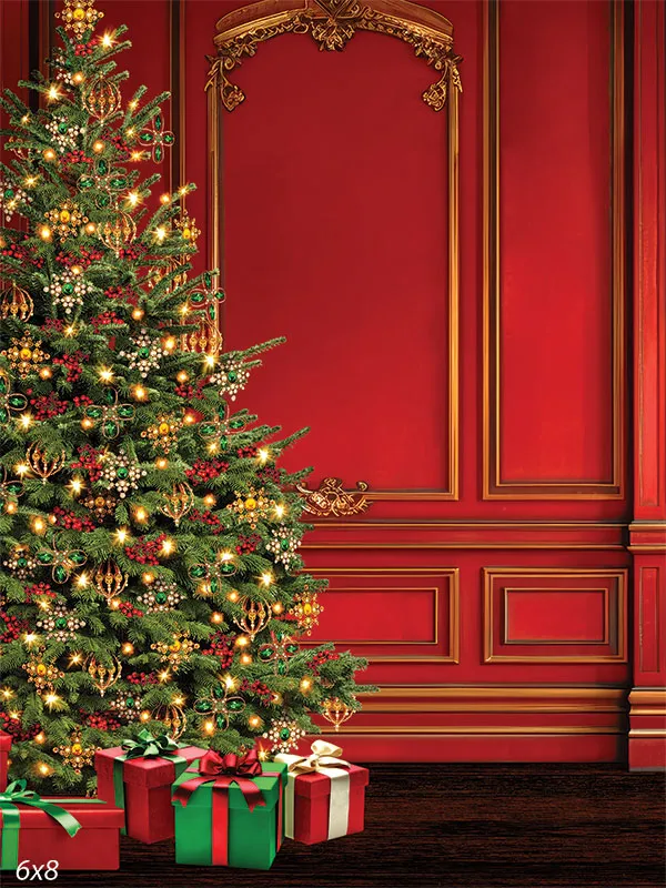 Red Christmas Wall and Christmas Tree Photography Backdrop