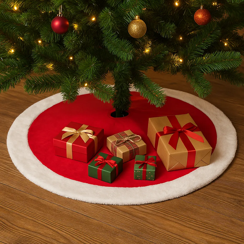 Red Gold Reseller Christmas Tree Skirt , Skirt, Sustainable Tassel Velvet  With Stud Crystals Luxury Personalized Holiday
