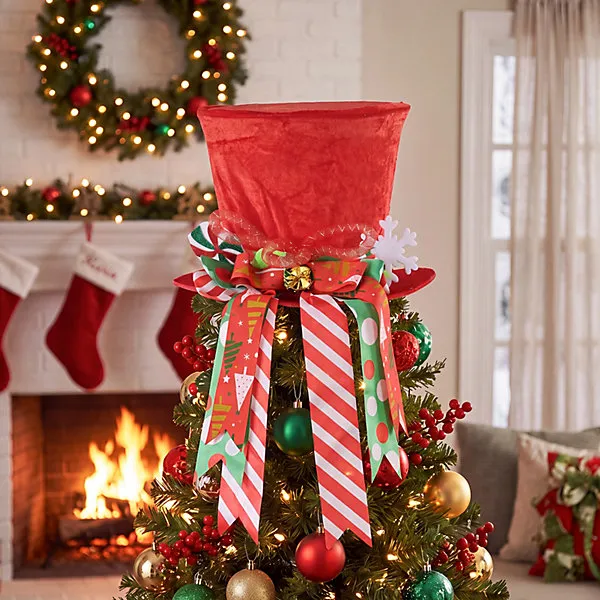 Red Santa Hat Christmas Tree Topper Bow Snowflake Ribbon Xmas Tree Top Home Decorations