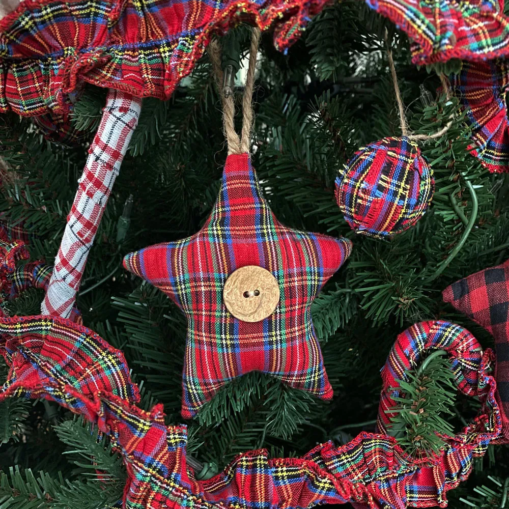 Red Tartan Homespun Fabric Star Christmas Ornaments - Set of 3 - by Marilee Home - Jubilee Fabric