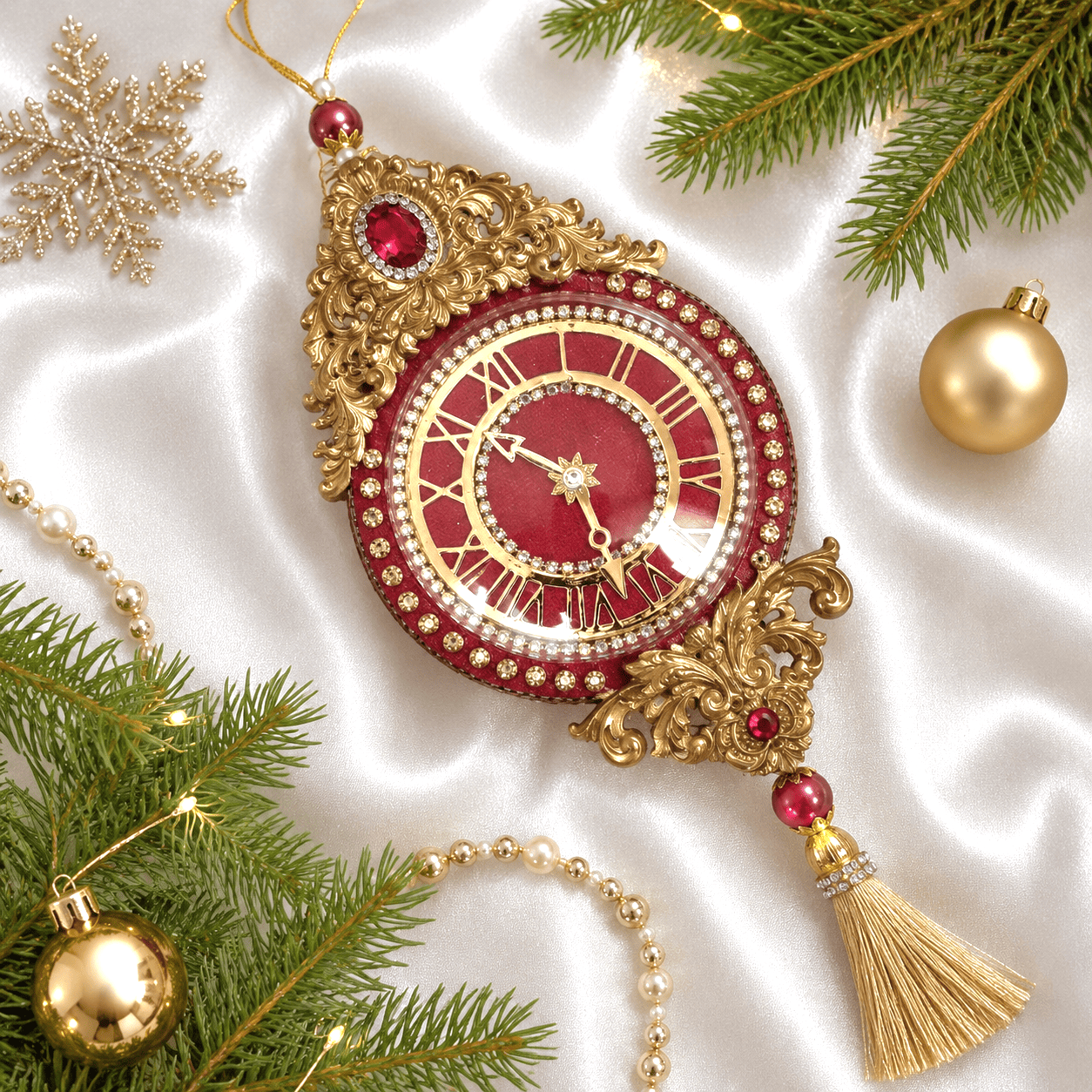 Red Velvet Christmas Clock Ornament