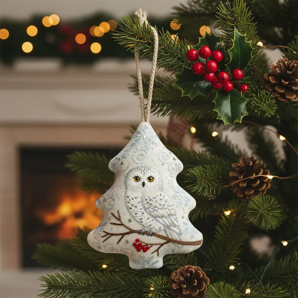 Rubbyoo Tree-shaped Embroidery Kit - Snowy Owl | Realistic Embroidery Christmas Ornament | Custom Handmade Gift