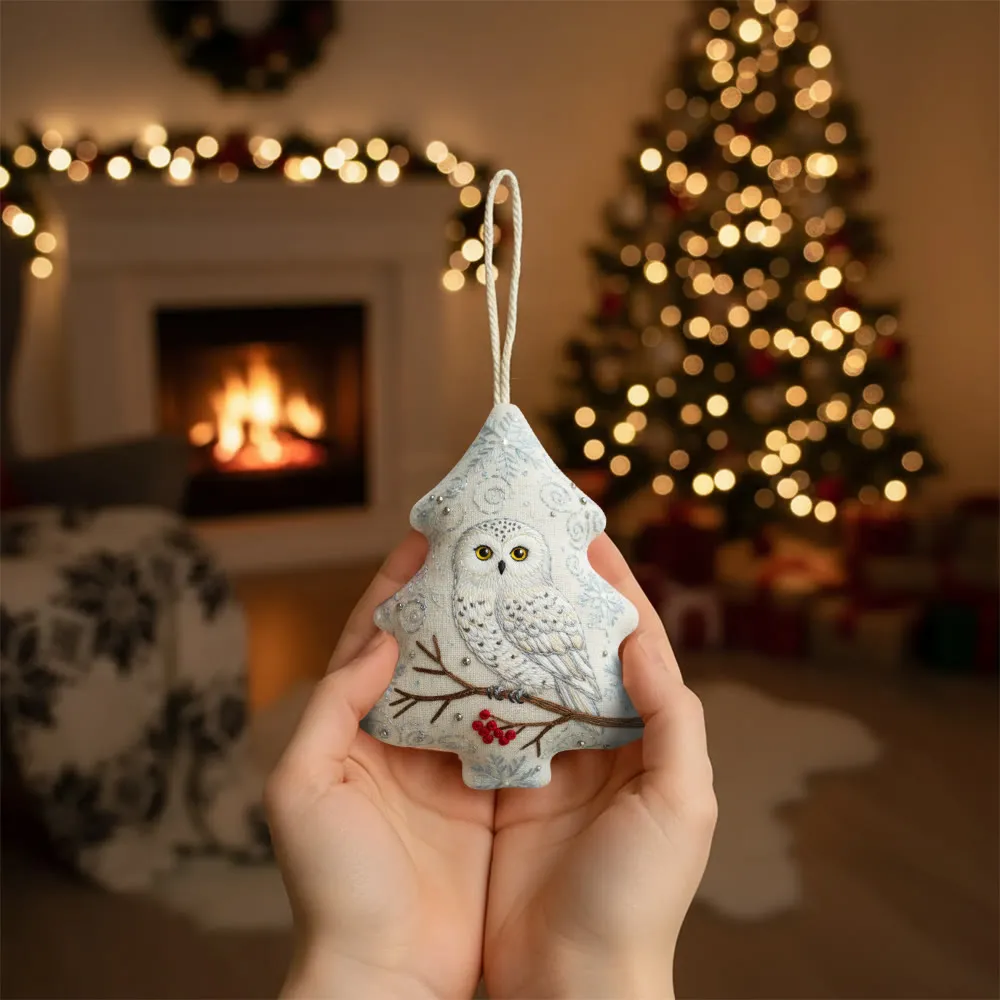 Rubbyoo Tree-shaped Embroidery Kit - Snowy Owl | Realistic Embroidery Christmas Ornament | Custom Handmade Gift