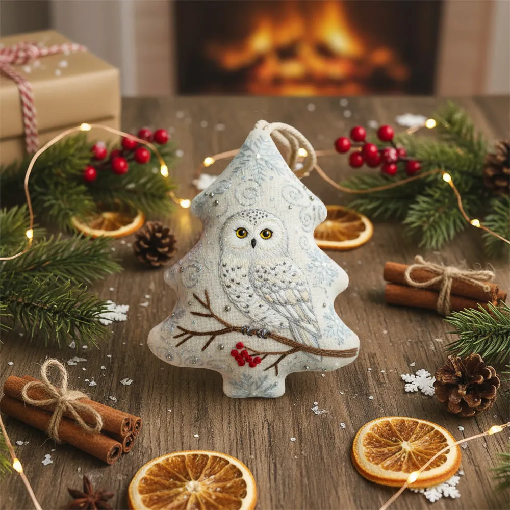 Rubbyoo Tree-shaped Embroidery Kit - Snowy Owl | Realistic Embroidery Christmas Ornament | Custom Handmade Gift
