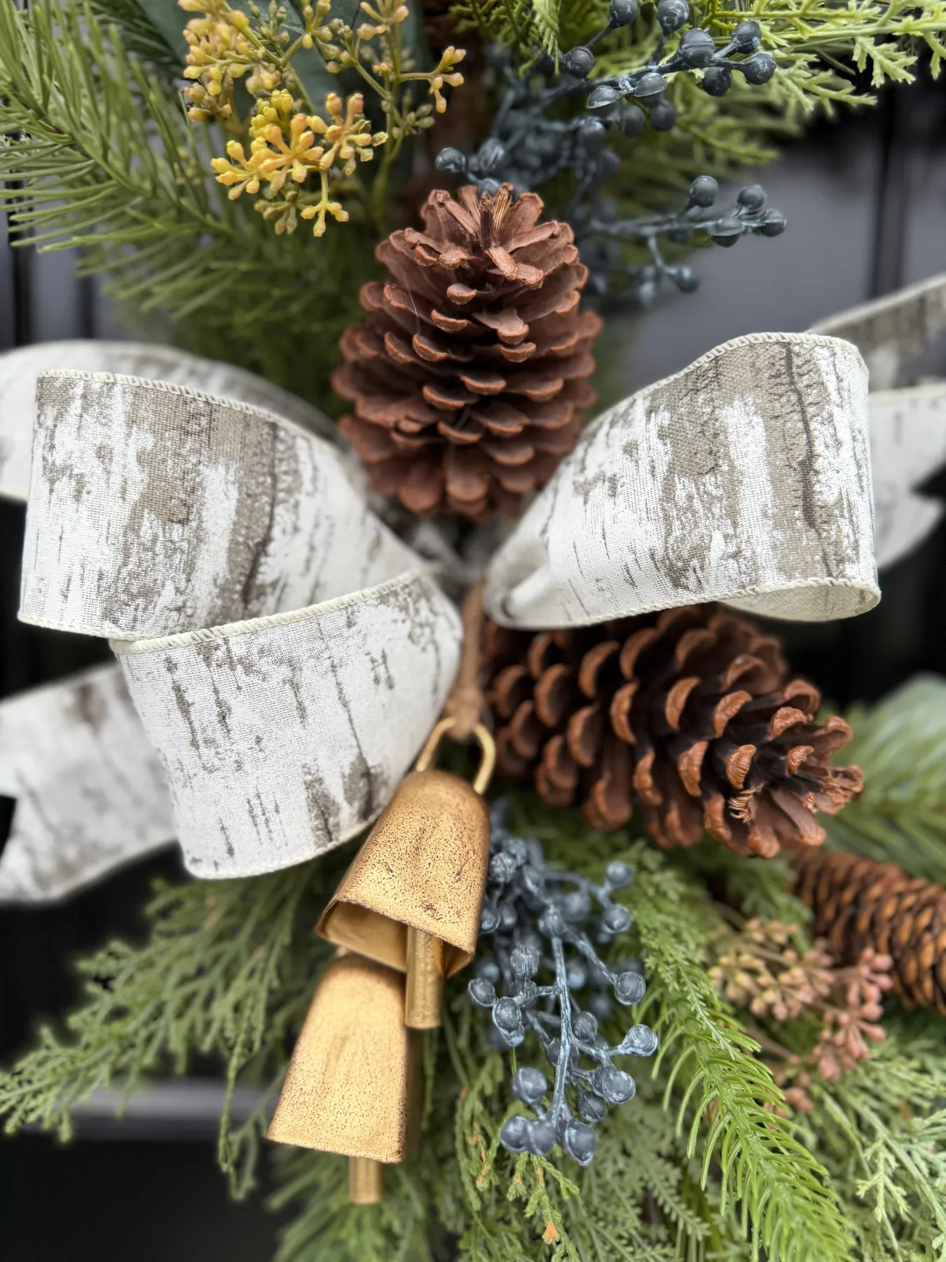 Rustic Evergreen Pinecone Wreath with Bells – Winter Front Door Décor No Monogram