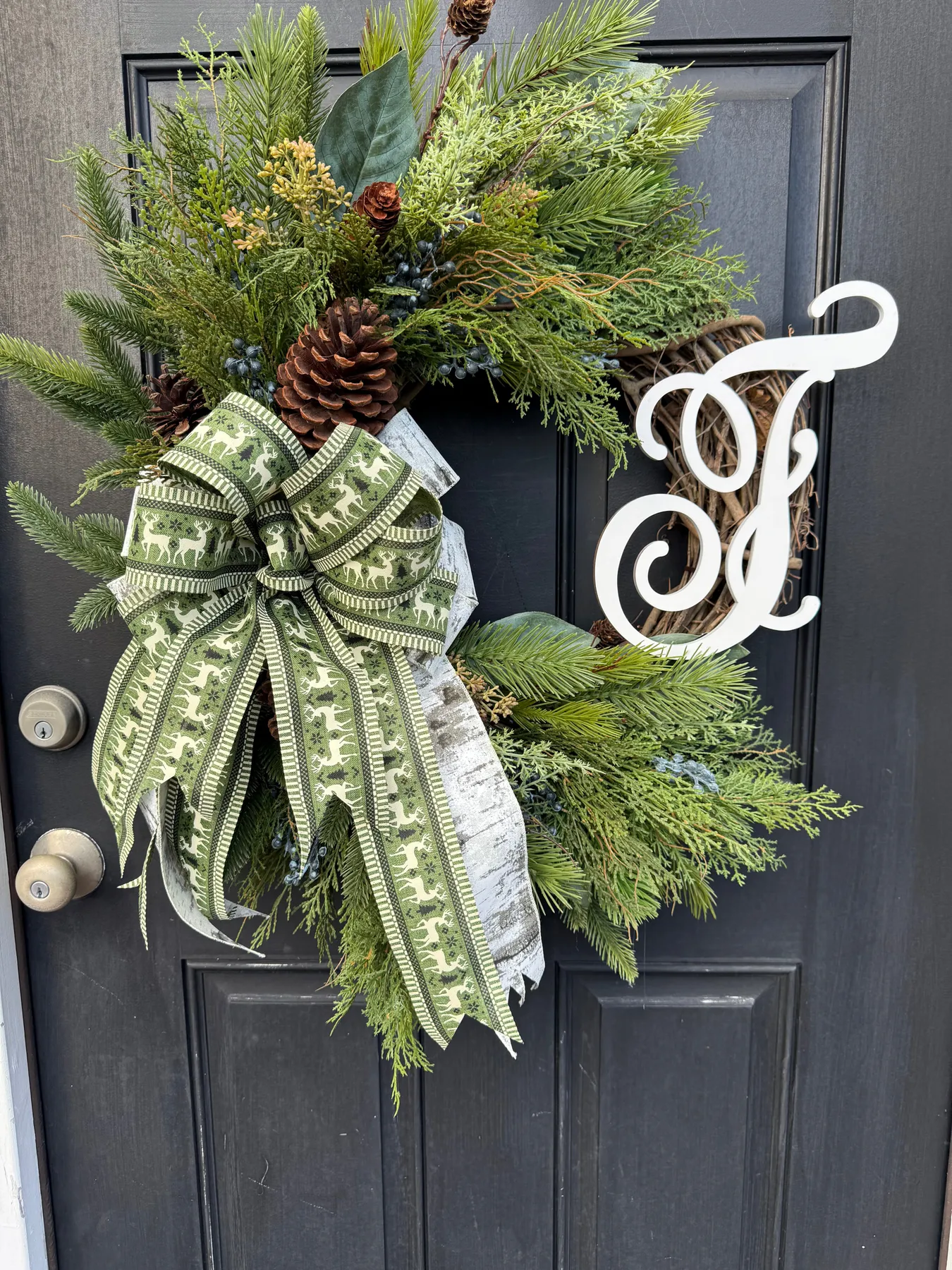 Rustic Winter Wreath w Monogram for Front Door w Deer Bow With Monogram
