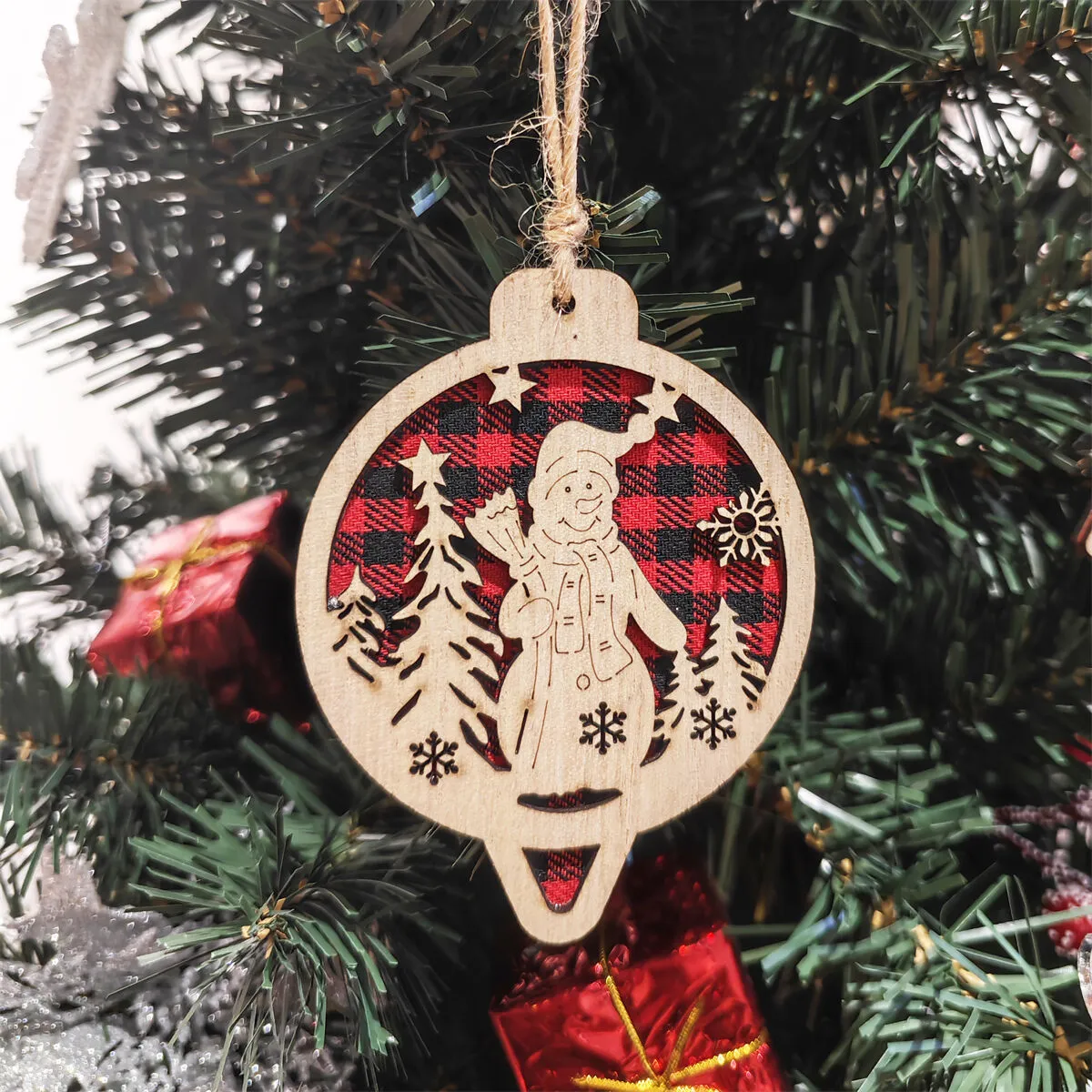 Rustic Wooden Teardrop Christmas Ornament with Red Plaid Fabric