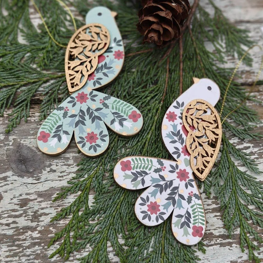 Scandinavian Folk Art Christmas Ornaments Set Of Two Wooden Alpine Folk Art Mint Green, Red And White Scandi Christmas Birds By Gisela Graham Scandinavian Boutique Hygge
