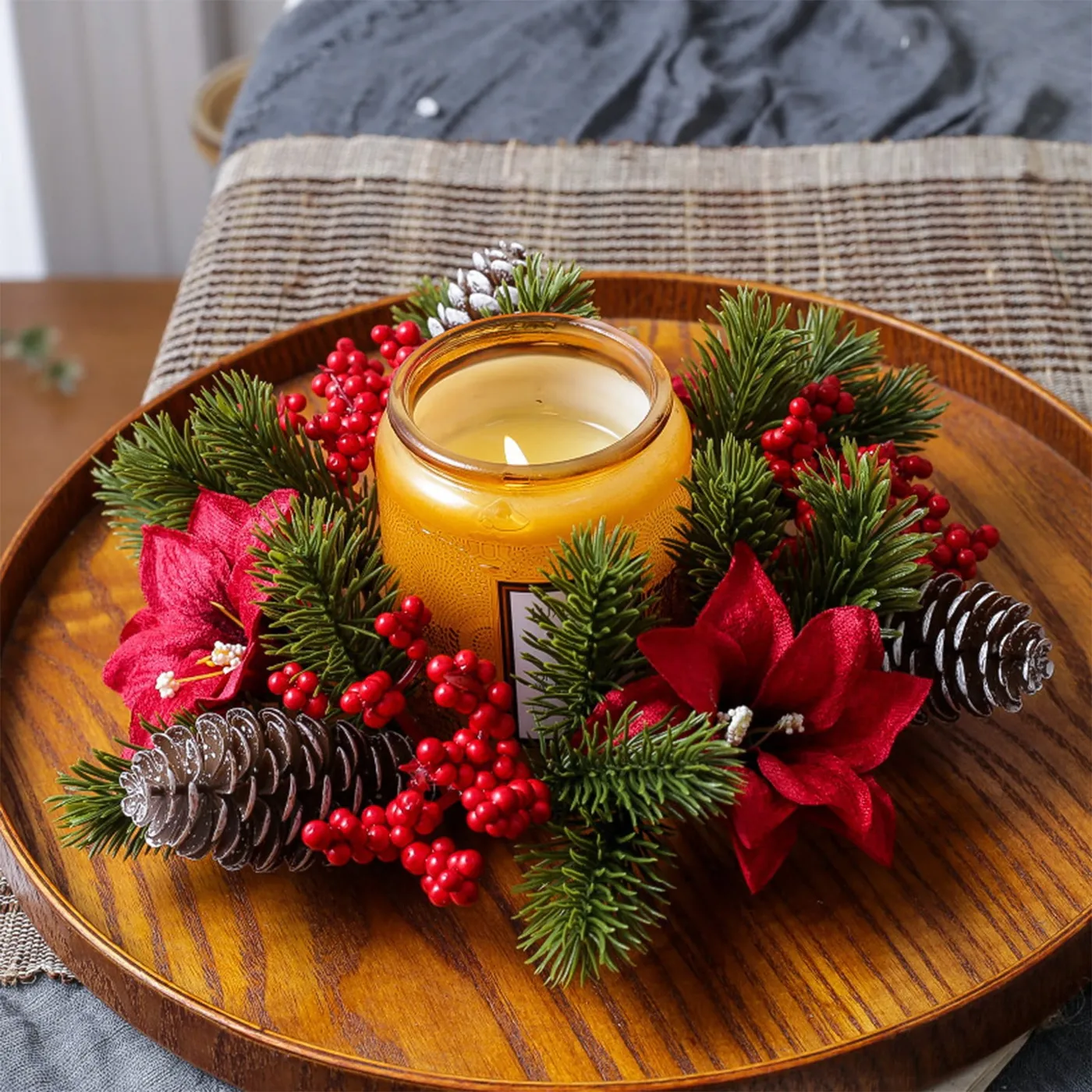 SCNOR Christmas Candle Ring Wreath Artificial Pine with Red Berries and  Pinecones for Holiday Table Centerpiece - Walmart.com