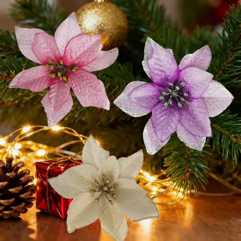 set 10 decorative artificial flowers glitter christmas tree - Temu Bahrain