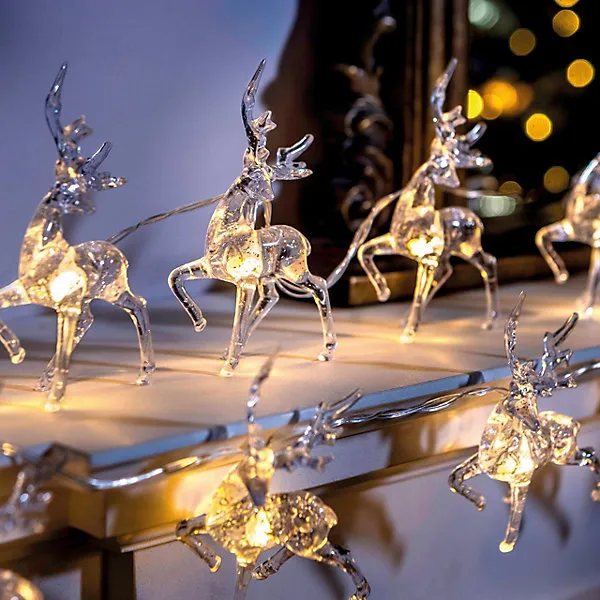 Set of 10 Acrylic Reindeer String Lights - Battery Powered Stag Design Festive Christmas Xmas Home Fairy Lighting - L1.5m